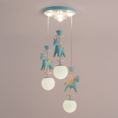 Cartoon Unicorn Cluster Mulit-Light Pendant Resin Kids Bedroom Hanging Lamp with Exposed Bulb Design