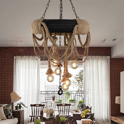 Exposed Bulb Rope Chandelier Lighting Farmhouse 6 Lights Restaurant Pendant Lamp in Beige with Tyre Deco