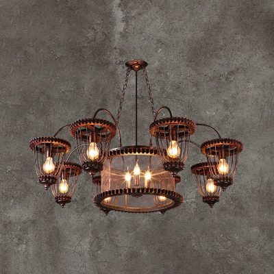Gear Bistro Ceiling Chandelier Industrial Metal Weathered Rust Hanging Light Fixture with Cage Shade