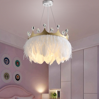 Nordic 1 Light Suspension Pendant White Drum Ceiling Hang Lamp with Feather Shade and Crown