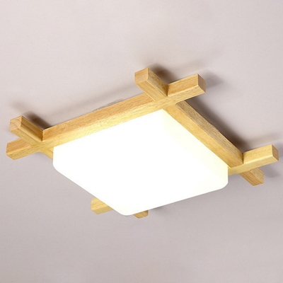 Square Study Room LED Ceiling Mount Light with White Glass Shade Wood Japanese Style Ceiling Fixture