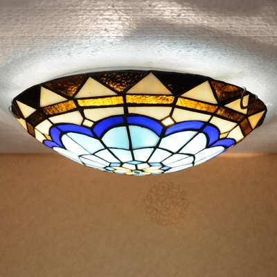Tiffany Style Dome Flush Ceiling Light Stained Glass Ceiling Light in Blue for Hotel Living Room