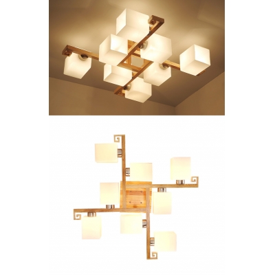 Wood Checkerboard LED Semi Ceiling Mount Light Villa 8.5 Inchs Height Asian Style Ceiling Fixture