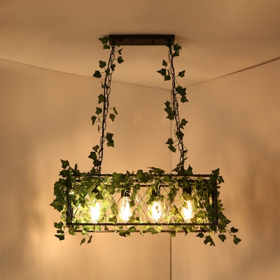 Black Island Pendant Lamp Country Bottle Cage Metal Suspension Light in Brown with Vine Deco