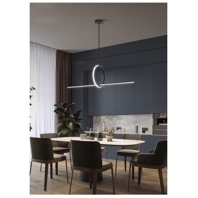 Black Ring and Bar Shaped Island Lighting Minimalist Metal LED Hanging Light for Dining Room