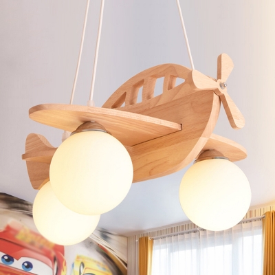 Creative Wooden Biplane Hanging Chandelier Nursing Room Children 3 Lights Suspended Light