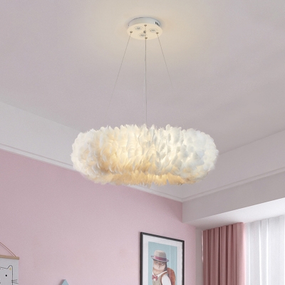 Doughnut Feather Chandelier Light Fixture Modern Fabric Bedroom Pendant Lamp in White