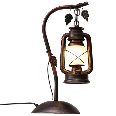 Rustic Kerosene Plug-in Night Lamp 1 Bulb White Glass Table Lighting with Arched Arm in Copper