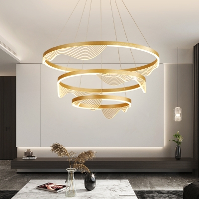 Wavy Shape Circular Hanging Pendant Simple Style LED Gold Ceiling Chandelier for Living Room