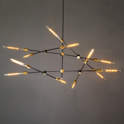 Black Iron Crossed Line Pendant Light Farmhouse Restaurant Chandelier with Open Bulb Design