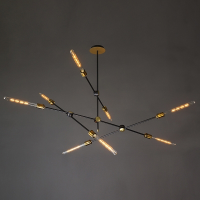 Black Iron Crossed Line Pendant Light Farmhouse Restaurant Chandelier with Open Bulb Design
