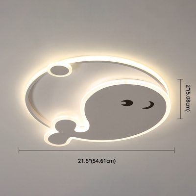 Cartoon Whale Acrylic LED Ceiling Fixture Kids Bedroom White Metal Ring 1-Light Flushmount Light