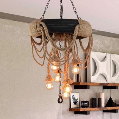 Exposed Bulb Rope Chandelier Lighting Farmhouse 6 Lights Restaurant Pendant Lamp in Beige with Tyre Deco