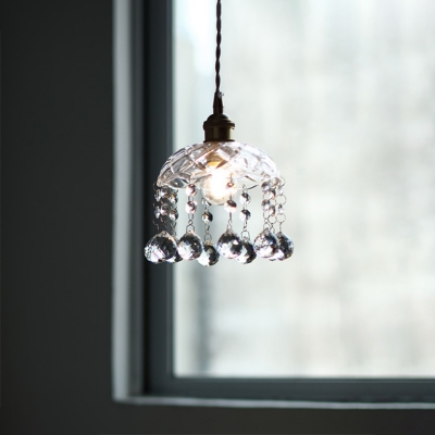 Vintage Hanging Light with Textured Glass Shade Single Light Pendant Lamp in Polished Brass with Teardrop Shaped Crystal