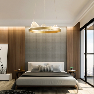 Wavy Shape Circular Hanging Pendant Simple Style LED Gold Ceiling Chandelier for Living Room