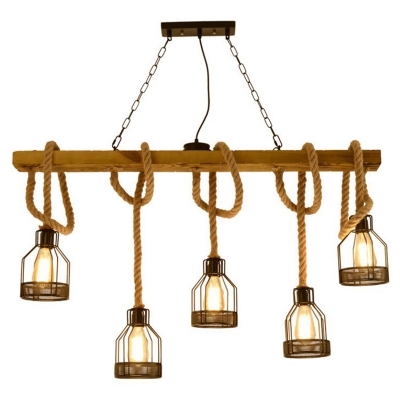 Wooden Island Pendant Linear Rustic Ceiling Hang Light with Cage and Hemp Rope in Black
