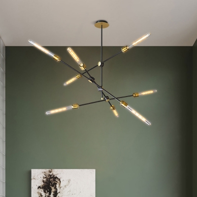 Black Iron Crossed Line Pendant Light Farmhouse Restaurant Chandelier with Open Bulb Design