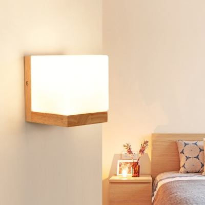 Carpenter Style Wood Wall Sconce Cube Glass Shade Yellow LED 1-Head Wall Lamp