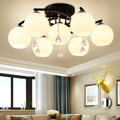 Curved Arms Living Room Semi Flush Ceiling Light Metal with White Glass Shade Modern Flush Mount Light with Crystal Pendant