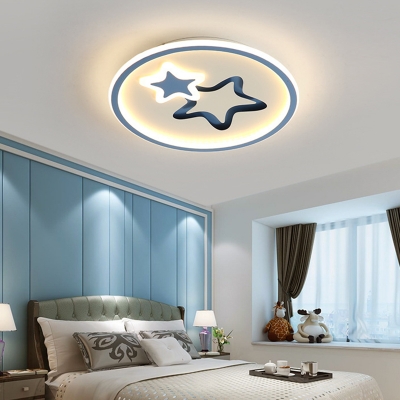 Metal Ring LED Kids Bedroom Flushmount Light Acrylic Stars Form 1-Head Flushmount Ceiling Fixture