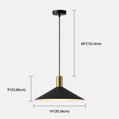 Nordic Conical Hanging Light Single-Bulb 14 Inchs Wide Metal Drop Pendant in Black with Brass Top