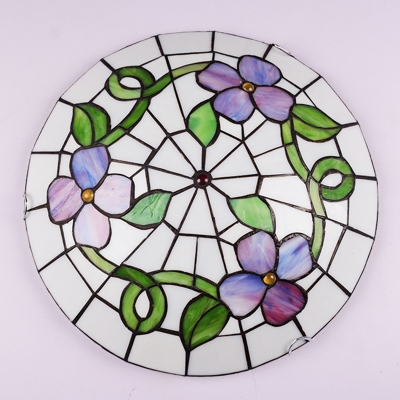 Stained Glass Flower and Leaf Ceiling Light Dining Room Tiffany Rustic Flush Light in Green