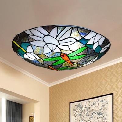 Turquoise Dragonfly and Flower Ceiling Light Stained Glass Flush Light for Living Room