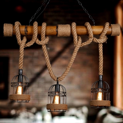 Beige Hanging Lamp Lodge Hemp Rope Dinette 3 Lights Island Light with Cage