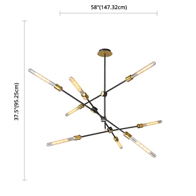 Black Iron Crossed Line Pendant Light Farmhouse Restaurant Chandelier with Open Bulb Design