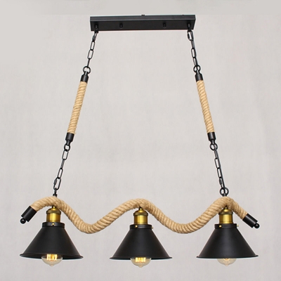 Island Light Fixture Industrial Geometric Jute Rope Pendant Lamp in Black and Flaxen