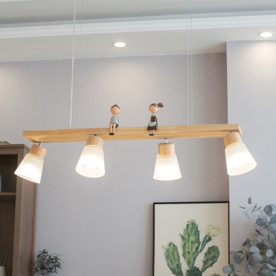 Opal Glass Flared Shape Island Light Nordic Wood Pendant Lighting Fixture for Dining Room