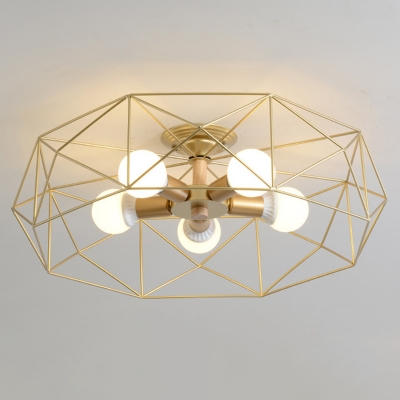 Retro Industrial Style Flush Mount Ceiling Fixture Basket Cage Metal Ceiling Mount with 5 Light Semi Flush Mount for Bedroom