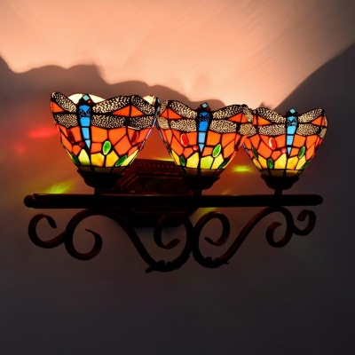 3 Heads Tiffany Glass Wall Mounted Lights Colorful Dragonfly Dome Vanity Wall Sconce for Bathroom