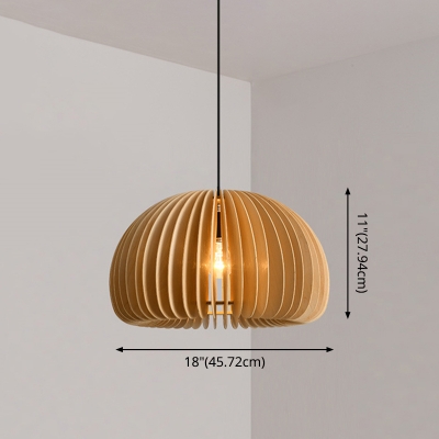 Beige Pendant Modern Restaurant Wood Cage Dome Shaped 1-Bulb Hanging Lamp