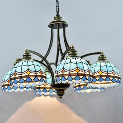 Blue Domed Chandelier Pendant Light Mediterranean 6 Lights Stained Glass Hanging Lamp