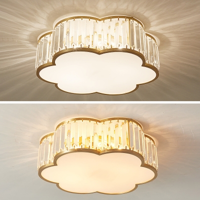 Brass Metal Colonial Style Flushmount Light Flower Crystal Shade 4-Bulb Ceiling Light