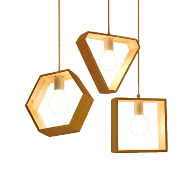 Geometry Frame Pendant Modern Living Room Wood 1-Bulb Hanging Lamp