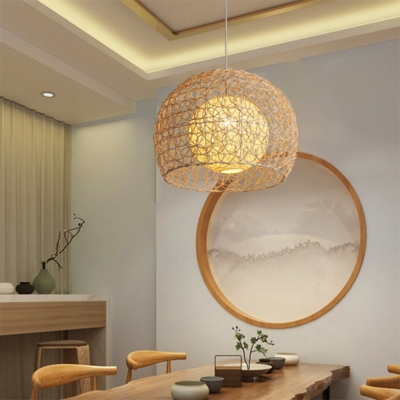 Hemispherical Pendant Light Contemporary Rattan Single-Bulb Restaurant Suspension Lighting in Beige