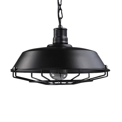 Industrial Kitchen 1-Bulb Pendant in Black Pot Lid Form Iron Hanging Lamp with Cage