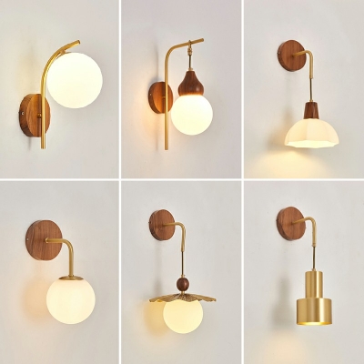 Wooden Spherical Wall Lamp Minimalist 1 Light White Glass Wall Sconce Lighting in Gold