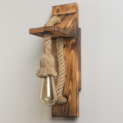 Aged Wood Backplate Wall Lamp Carpenter Style Natural Rope 1 Bare Bulb Wall Sconce