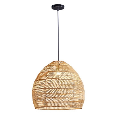 Asian Style Living Room Dome Shaped Pendant Beige Rattan Shade 1-Bulb Hanging Lamp