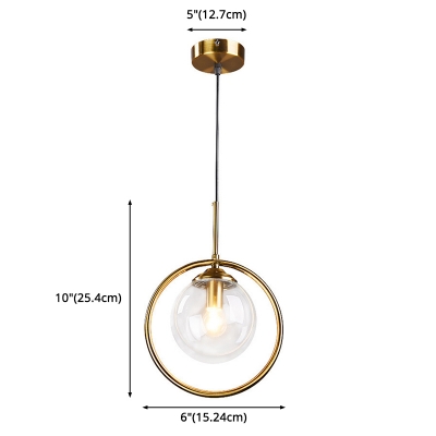 Clear Glass Ball Shade Pendant Modern Bedroom Metal Ring 1-Head Hanging Lamp