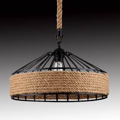 Cone Iron Cage Black Pendant Industrial Living Room Beige Hemp Rope 1-Bulb Hanging Lamp