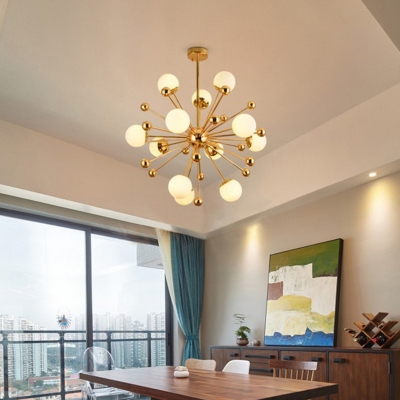 Dandelion Design Radial Metal Arms Gold Suspension Lighting Modern Living Room Ball White Glass Chandelier