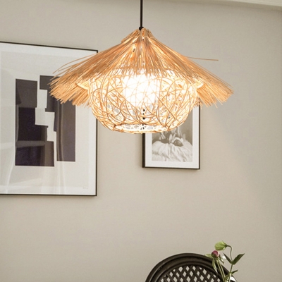 Hand-Braided Bamboo Pendant Lamp Kit Asia 1 Head Wood Ceiling Hang Light for Bedroom