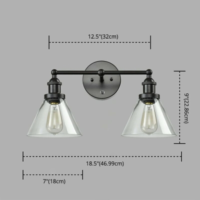 Industrial 2 Heads Vanity Wall Lights Black Metal Vanity Sconce Light with Cone Glass Shade for Bathroom