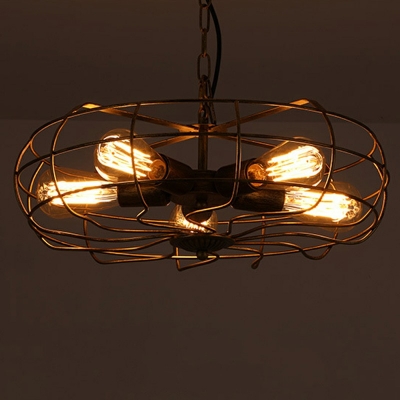 Industrial Metal Hanging Chandelier Light 5 Bulb Drum Cage Shade Suspension Light in Antique Brass for Restaurant