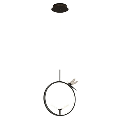 Metal Ring Postmodern Bedroom Pendant Dragonfly Decoration LED 1-Light Hanging Lamp