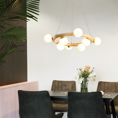 Postmodern Chandelier Wooden Circle Ceiling Pendant with Bubble Frosted Glass Shade for Living Room